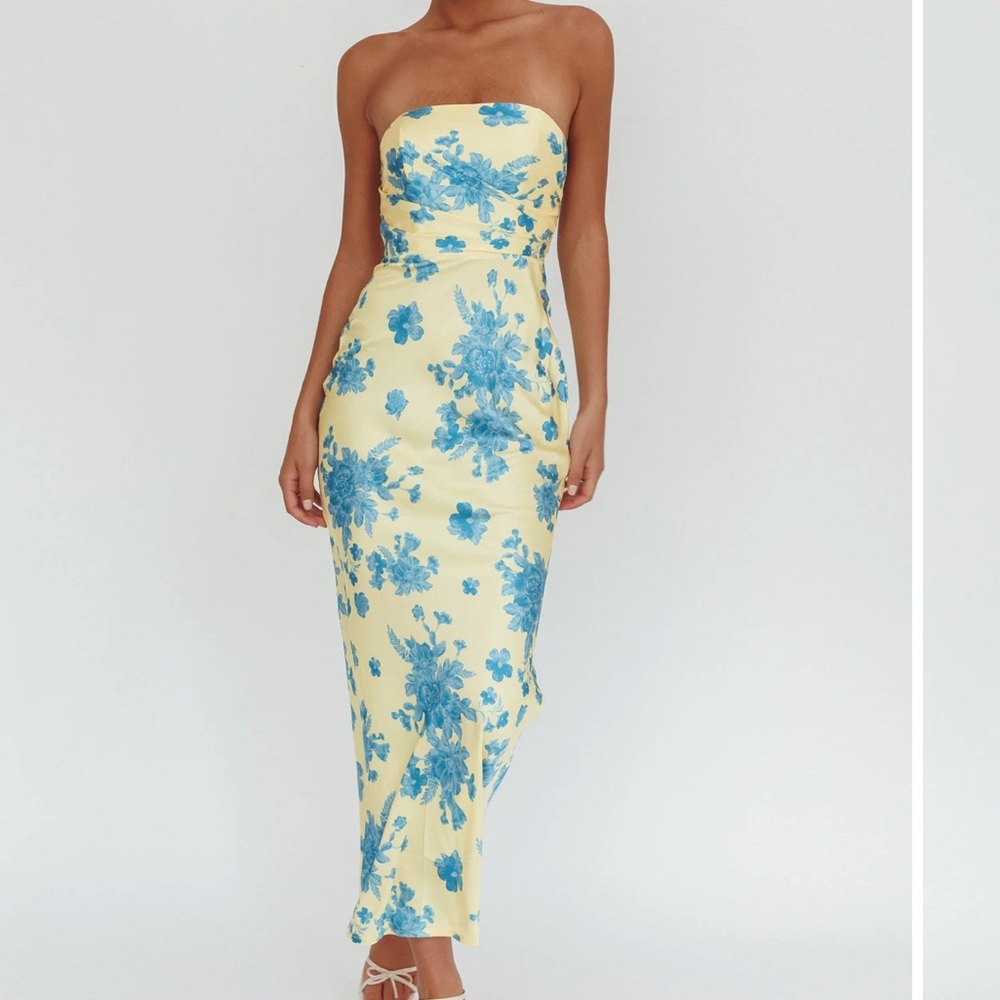 Selfie Leslie Yellow Strapless Dress with Blue Floral Accents